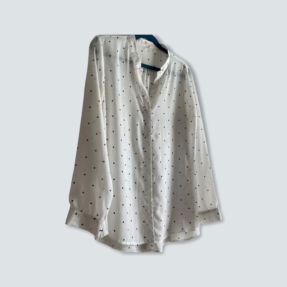 Sheer White button down blouse with polka dots L - Picture 3 of 8